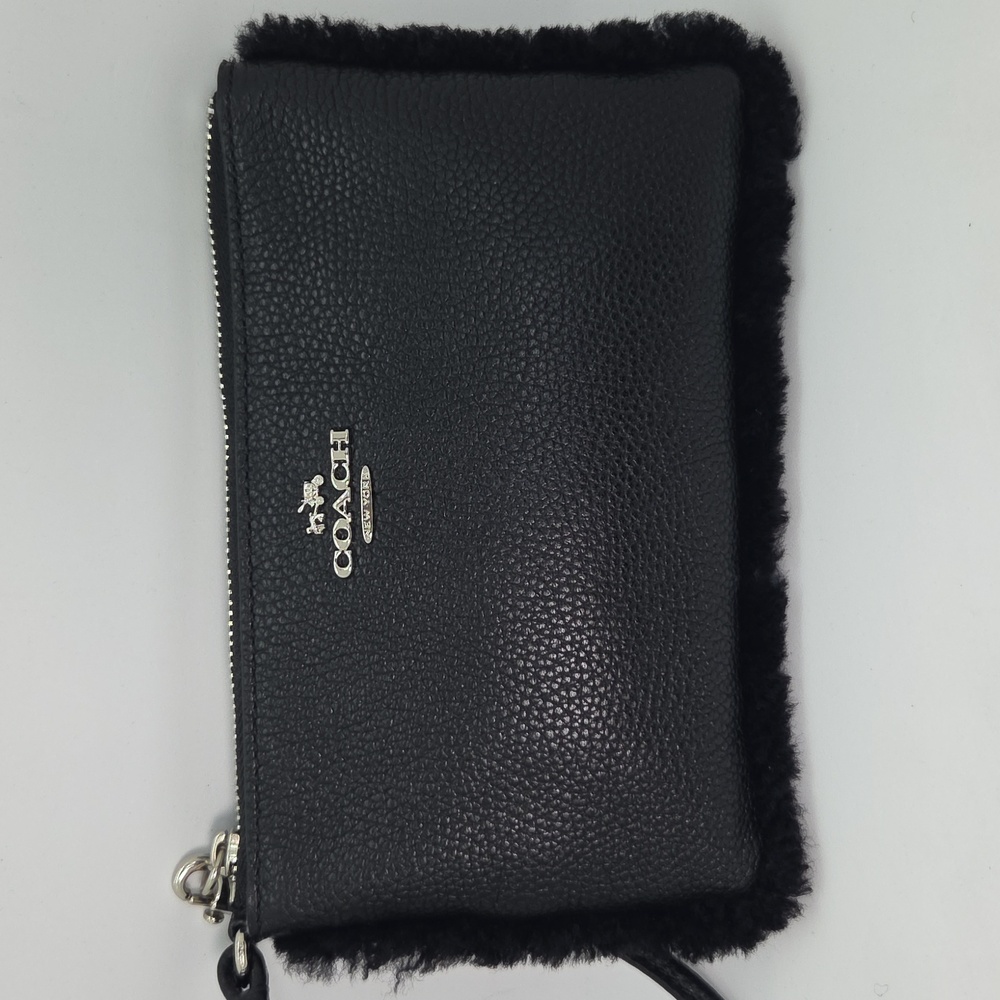 Coach Black Textured Leather Wristlet With Shearling Trim